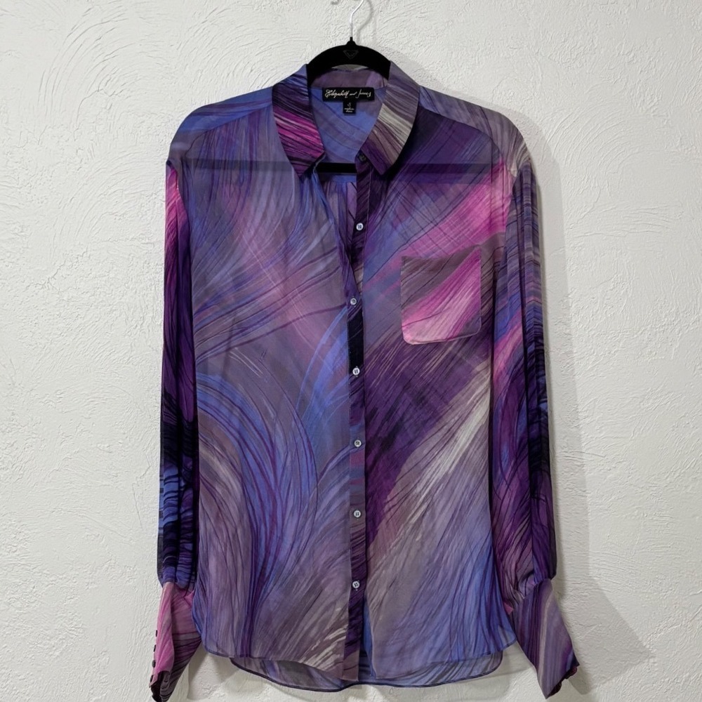 SILK Elizabeth and James Button Down Women S Purple Abstract Swirl Sheer Blouse